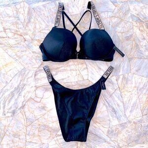 38C XL 2 Pc Swimsuit SHINE STRAP BOMBSHELL ADD 2 CUPS SWIM CRYSTALS Swim Set